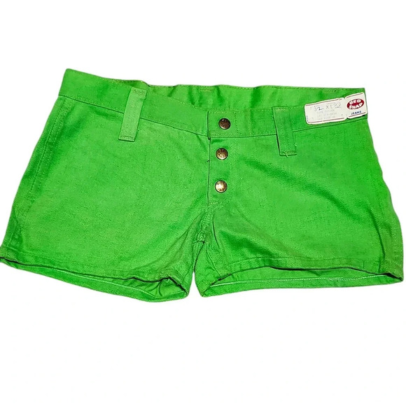 VTG Red Snap Jeans High Rise Shorts Size 11 Her 32 XL 38 Green 100% Cotton - Picture 2 of 12